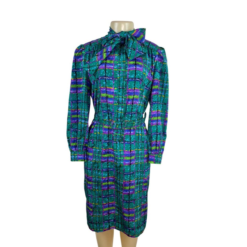 Vintage 80s Don Elliot Women’s Abstract Print Long-Sleeve Belted Dress Size 8